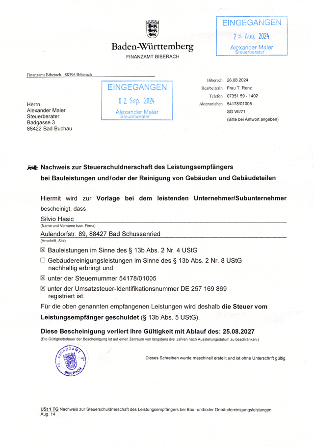 Schreiben vom Nachweis Steuerschuldnerschaft